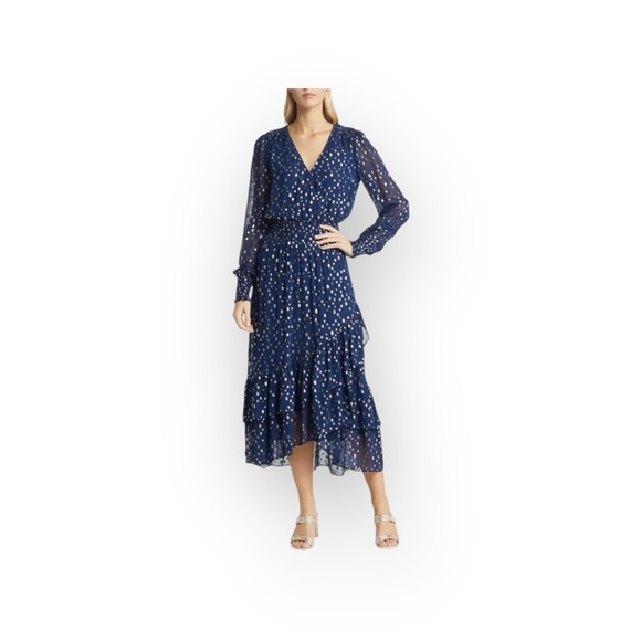 new Lilly Pulitzer 𖦹 Cristiana Chiffon Midi Dress 𖦹 Navy Viscose Metallic 𖦹 4 - Picture 14 of 17